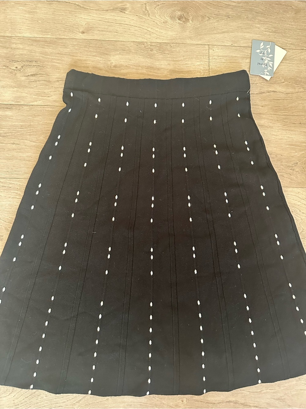 Black Knit A-Line Skirt with White Dot Stitching